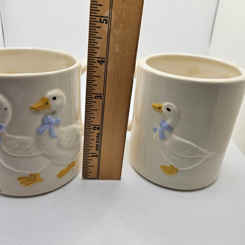 Vintage Ceramic Goose Mugs Set of 2 Raised Geese Blue Bows Cottagecore - Picture 9 of 10